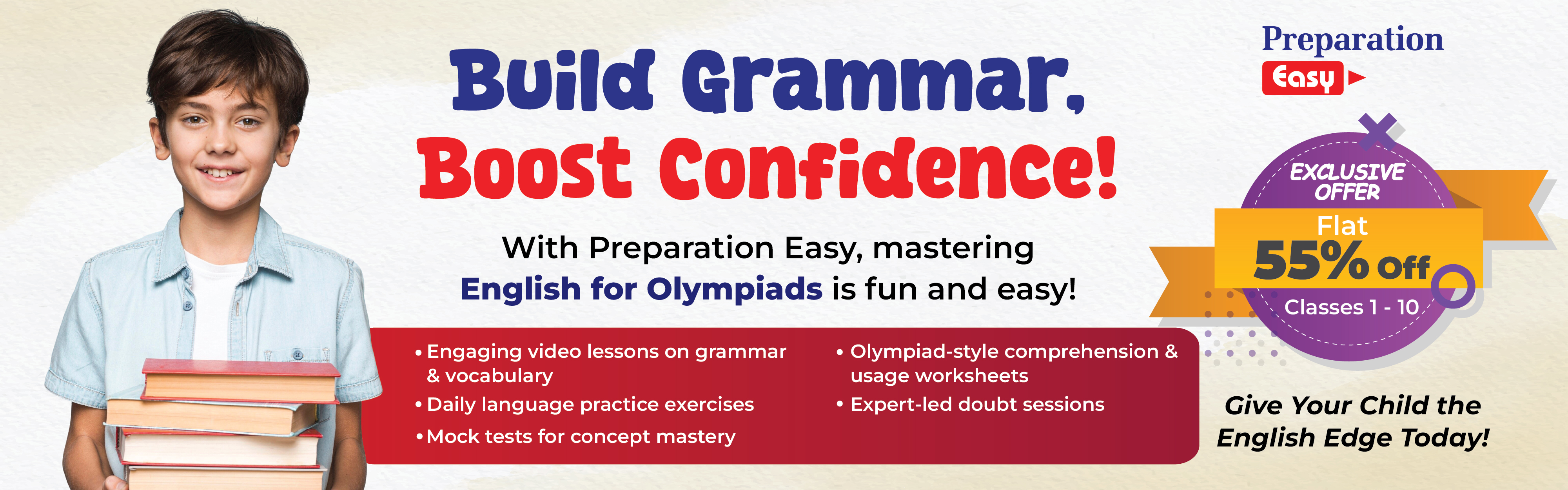 Preparation Easy English Olympiad online classes for Class 1 to 10. Flat 55% off on grammar lessons, comprehension worksheets, and mock tests.